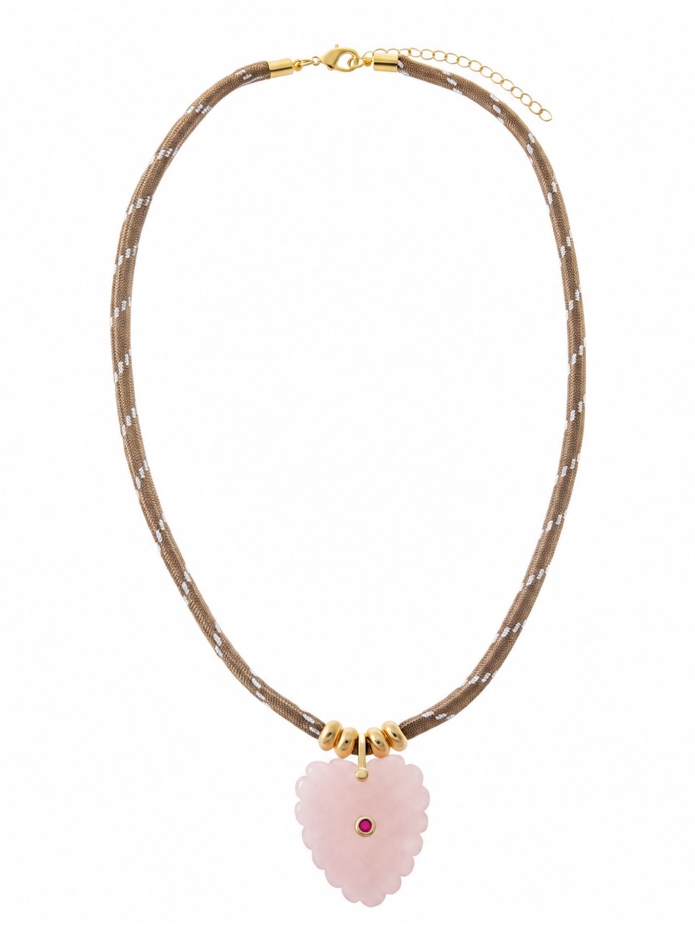 Adina Eden Rose Quartz Heart Natural Stone Light Brown Rope Necklace